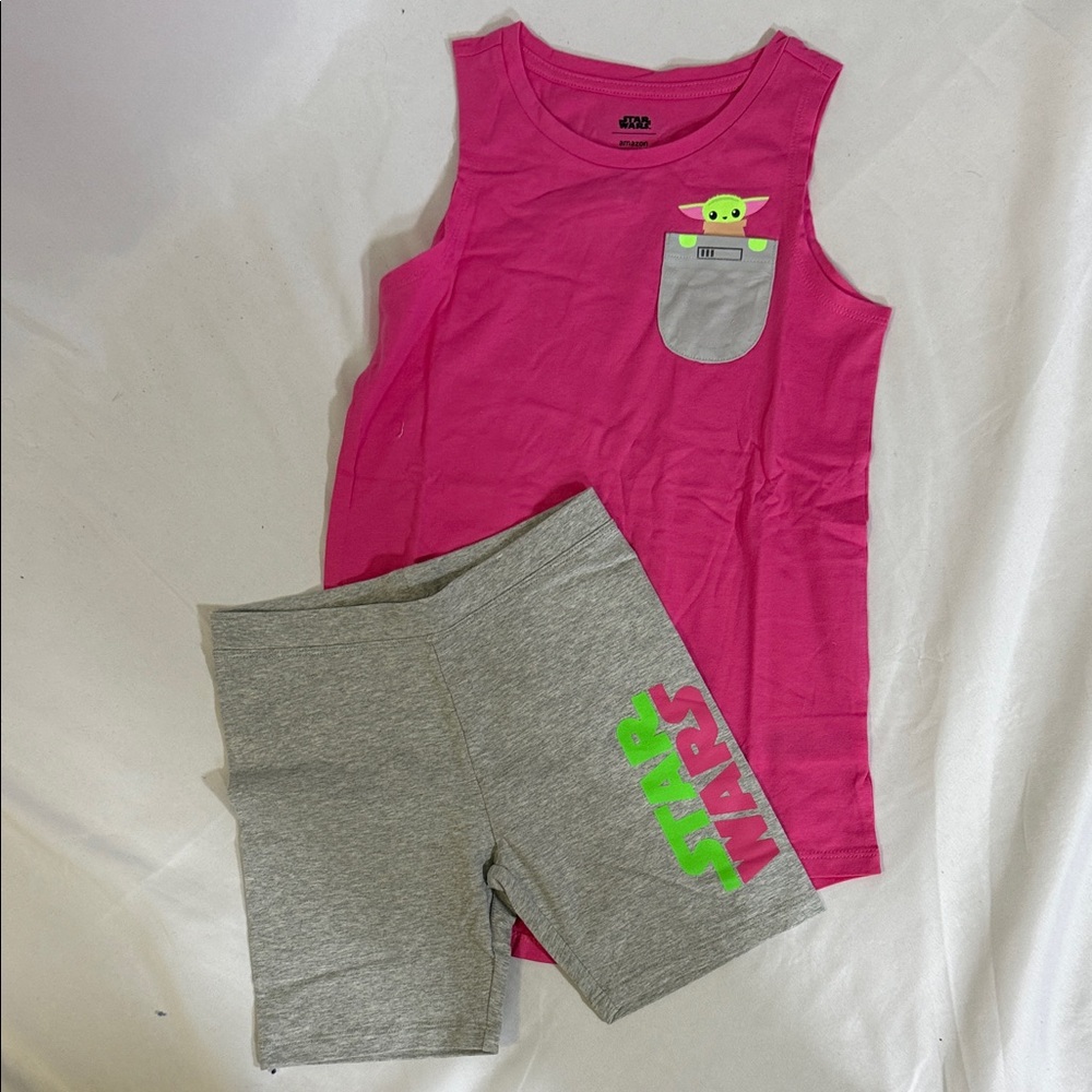 Amazon Essentials Pink Tank Top with Gray Pocket and Neon Green Grogu Accent